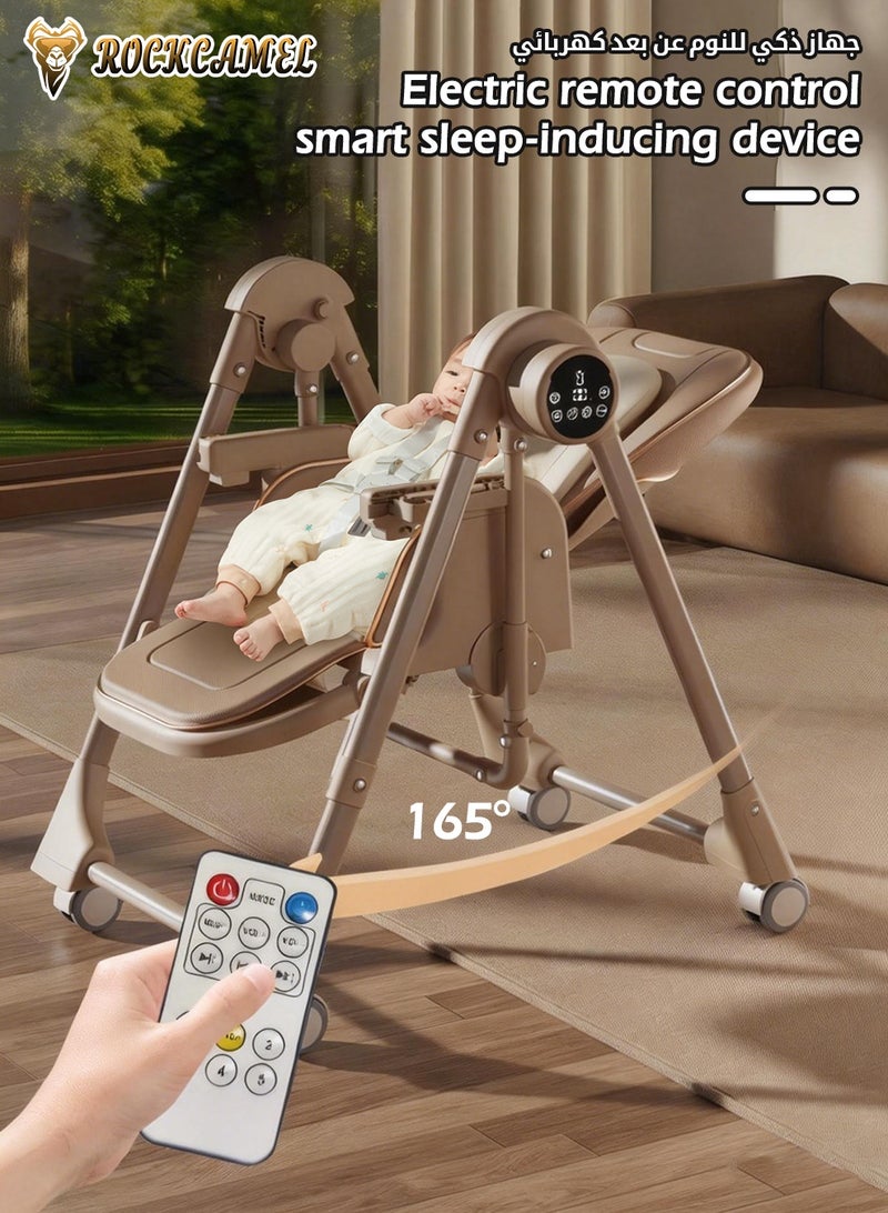 ROCKCAMEL 2-in-1 Electric Baby High Chair & Rocker with Remote Control, 5 Height & 5 Swing Adjustments, 165° Safe Rocking Angle, Rechargeable, Double Layer Cushion, Timer & Music, Multi-Angle Infant Feeding Chair with Wheels(Brown) - Image 2